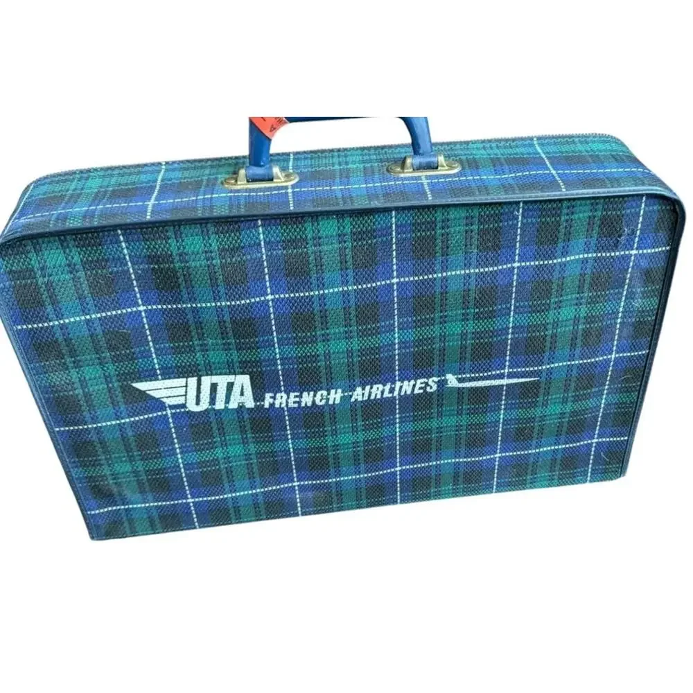 Vtg UTA French Airlines Cabin Suitcase Tartan Plaid Carry On Bag Small 1950s